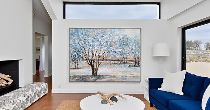 Yihui Arts Tree Canvas Wall Art - Hand Painted Textured Blue and Gold Foil Abstract Forest Landscape Modern Artwork for Living Room, Bedroom, and More