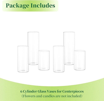 Glass Cylinder Vases Set of 6, Hewory Tall Clear Vase for Centerpieces, Glass Hurricane Candle Holders for Pillar or Floating Candles, Round Vases for Wedding Anniversary Events Table Decor, 3.3in
