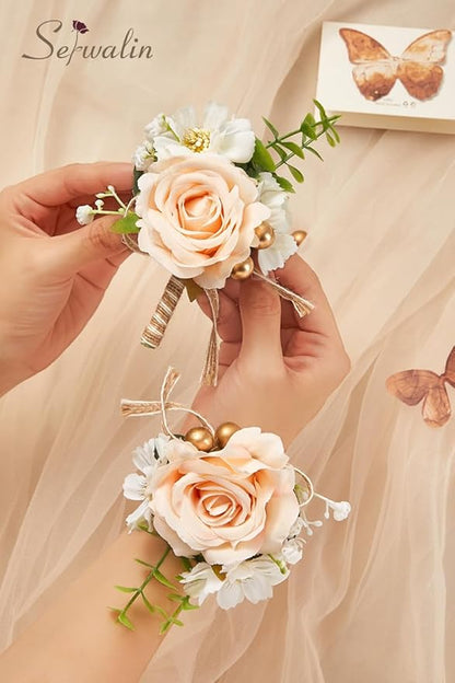 Serwalin Champagne Corsage and Boutonniere Set, Prom Flower Wrist Corsage Bracelets, Homecoming Roses Corsage Wristlet and Men Boutonniere for Wedding Flowers Accessories Prom Suit Decorations