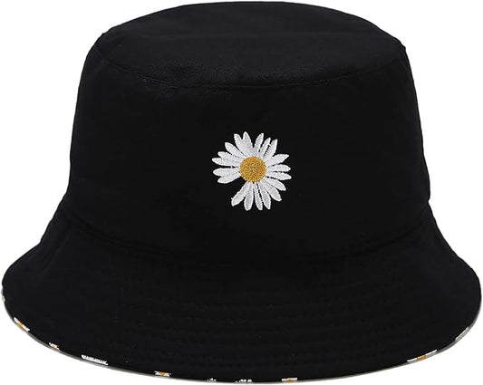 Flower Reversible Bucket Hat Cotton Summer Travel Beach Sun Hats Emboridery for Women Men