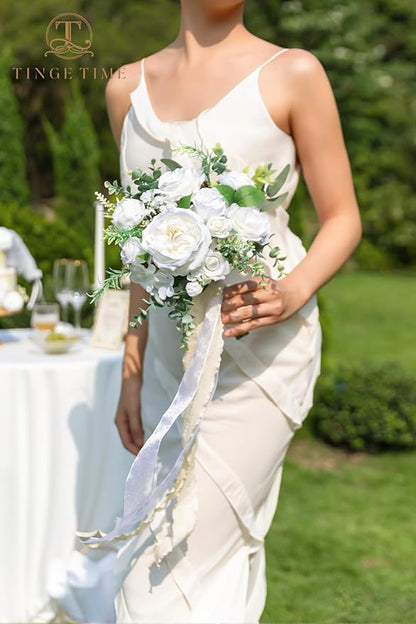 TINGE TIME 7" Bridesmaid Bouquet Set of 4, Wedding Bouquets for Bridesmaid, Perfect for Wedding Bouquets for Bride, Ideal for Bridal Shower, Rehearsal Dinner, Vintage Party (IvoryWhite&Eucalyptus)