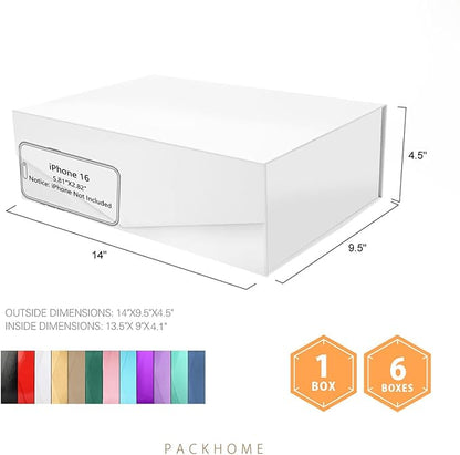 PACKHOME 6 Large Gift Boxes with Lids 13.5x9x4.1 Inches, Sturdy Collapsible Gift Boxes with Magnetic Closure (Glossy White)