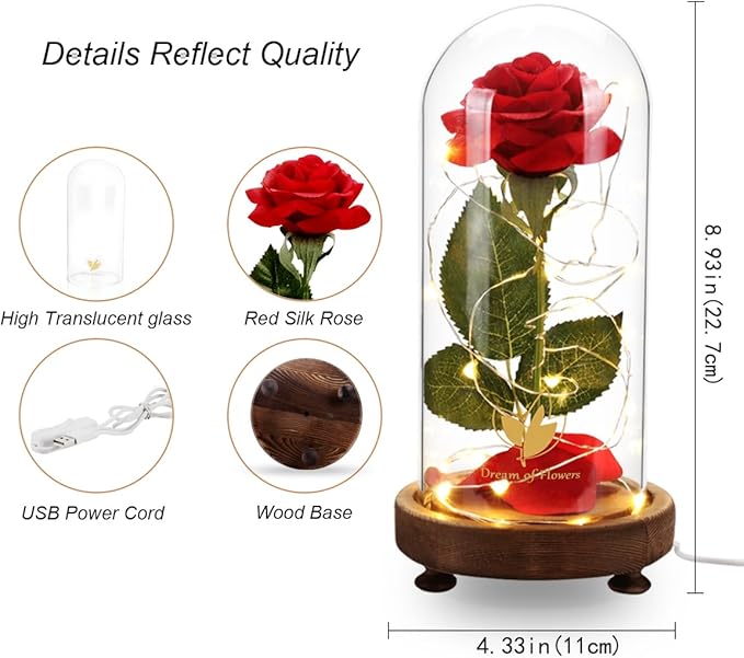 Christmas Birthday Gifts for Women,Beauty and The Beast Rose in Glass Dome,Silk Rose Forever Flowers with Lights,Mom Gift,Romantic Gifts for Her,Anniversary Flower Gifts for Women,Gifts for Girlfriend