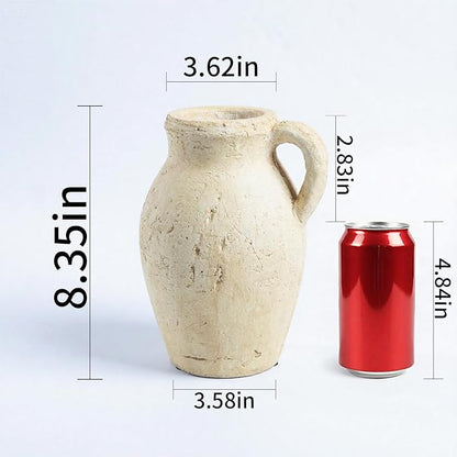 Rustic Clay Vase for Home Decor – 8.35" Tall Pottery Flower Vase, Water-Holding Vintage Jug with Handle, Farmhouse Style Vase for Shelf, Table, or Mantel Decoration