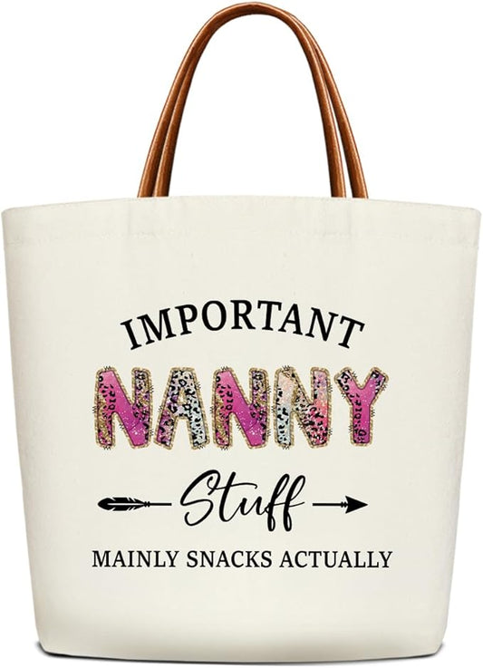 Canvas Tote Bag for Women, Important Stuff Bag with Leather Handle, Reusable Grocery Bags for Shopping Beach Travel