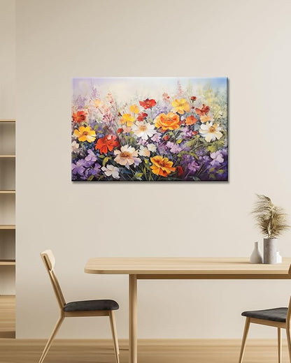 GLOKAKA Flowers Wall Art Colorful Landscape Lush Wildflowers Painting Print on Canvas Purple Yellow Floral Daisy Flower Picture for Home Bedroom Office Decor (Lush Flowers, 36"x24")