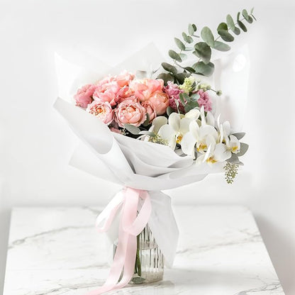 LeZakaa 20 Sheets Flower Wrapping Paper - Waterproof Reversible Floral Bouquet Paper - White Design for Valentine's Day, Mother's Day, Parties, Birthdays, Weddings, Baby Shower