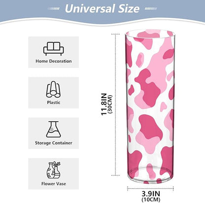 Flower Vase Clear Plastic Cylinder Vases Decor for Centerpieces Home Storage Office Weddings Pink Cow Print White 11.8 x 3.9 in