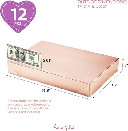 ROSEGLD 12 Large Gift Boxes with Lids 14.5x9.5x2 Inches, Rose Gold Gift Wrap Boxes (Glossy Rose Gold with Grain Texture) for Clothes, Apparel