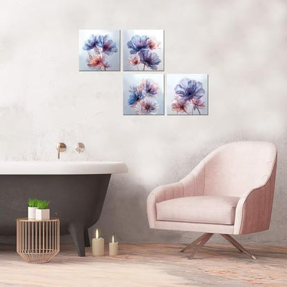 Pankila Canvas Flowers Wall Art Blooming Flowers Pictures Prints Blue Pink Flower Wall Decor for Living Room Bedroom Bathroom Home Decorations Painting Framed Artwork (20''W x 20''H x 4)