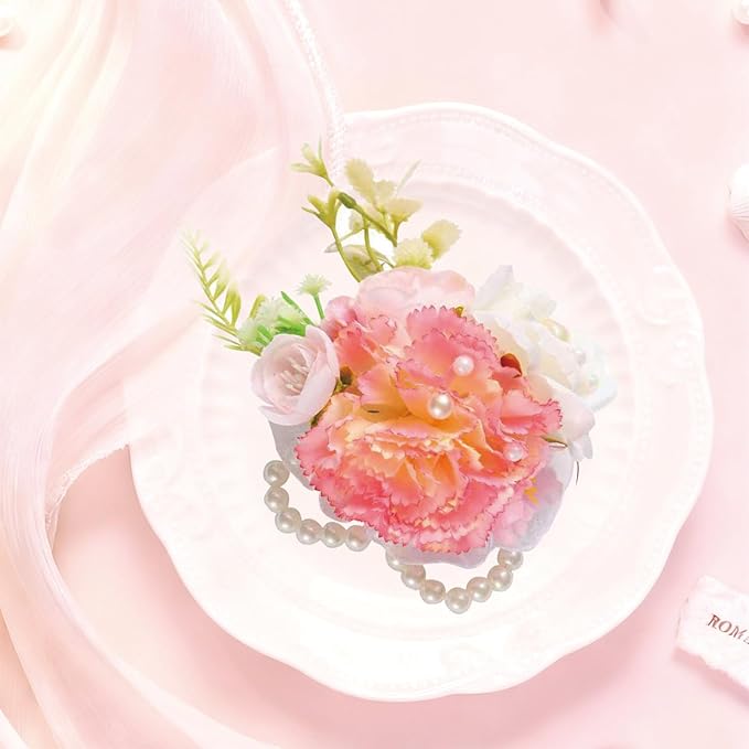 Carnation Wrist Corsage, Pack of 2 PCS Wedding Bridal Wrist Flower Corsage Hand Flower Artificial Silk Rose Decor for Prom Party Wedding (Pink & White, 2pcs)