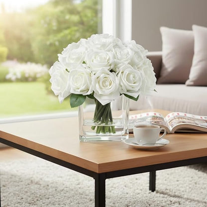18 Heads Faux Rose Flowers in Vase, Fake Rose Flowers Arrangement in Vase with Fake Water for Dining Table, Wedding Decor (Cream)