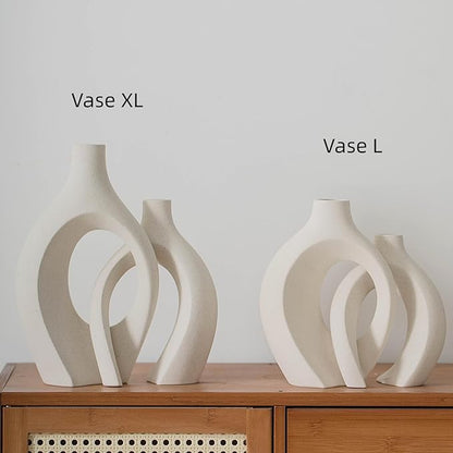 Extra Large Hollow Nordic Modern Ceramic Vases Set of 2, Milky White Aesthetic Round Donut Boho ins Style Flower Decorative Vase for Room Home Book Shelf Table Decor (Matte W 8" X H 11")