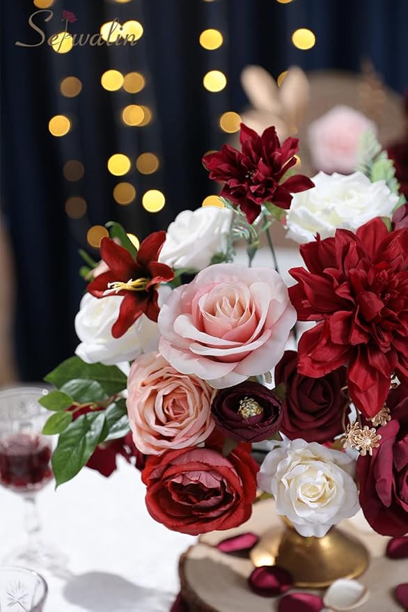 Serwalin Artificial Flowers, Burgundy Pink Flowers Fake Silk Flowers for DIY Wedding Bridal Bouquets, Wedding Cake Flowers for Table Centerpieces Bridal Shower Birthday Party Home Fall Decor