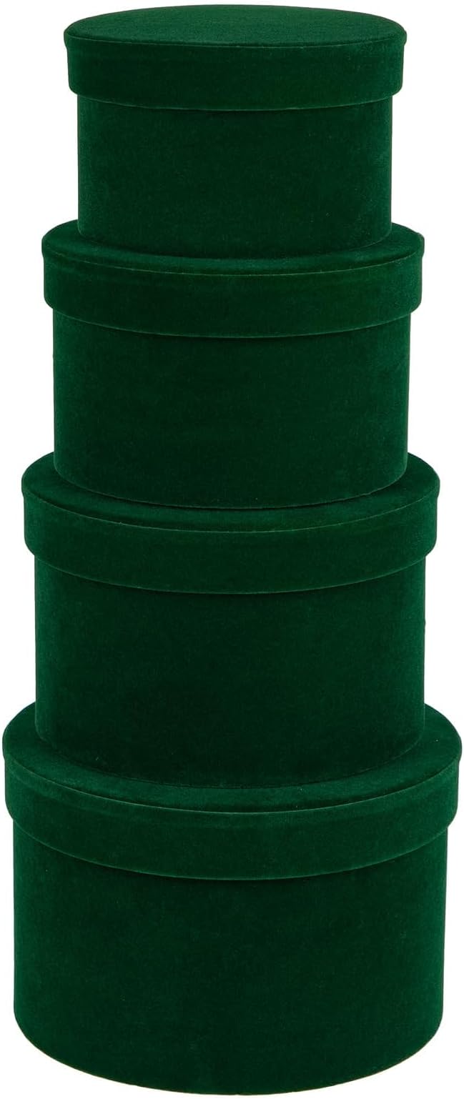 GnFlus Round Gift Boxes with Lids for Presents Set of 4 Green Velvet Nesting Gifts Box for Arrangements Flowers Wedding Birthday Valentines Bridesmaid Christmas Party Anniversary