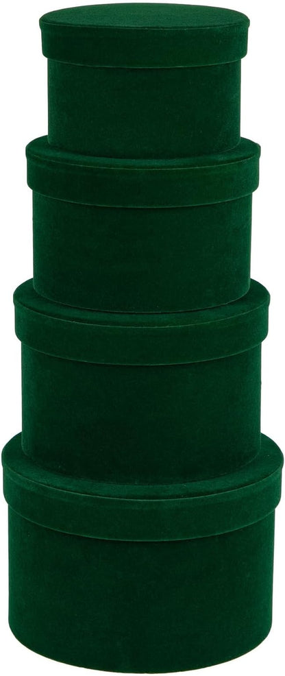 GnFlus Round Gift Boxes with Lids for Presents Set of 4 Green Velvet Nesting Gifts Box for Arrangements Flowers Wedding Birthday Valentines Bridesmaid Christmas Party Anniversary