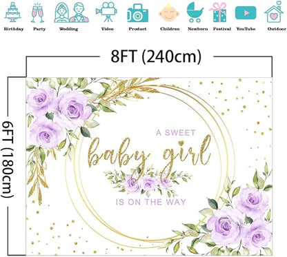 Mocsicka Floral Sweet Baby Girl Backdrop It's a Girl Baby Shower Background Watercolor Lavender Purple Floral Baby Shower Party Cake Table Decoration Photo Booth Props (8x6ft)