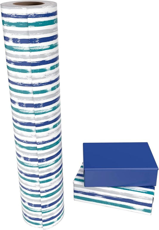 WRAPAHOLIC 30 Inch Reversible Wrapping Paper Roll - 30 Inch X 100 Feet Jumbo Roll Blue Navy and Grey Lines Print for Birthday, Holiday, Wedding, Baby Shower and More Occasions