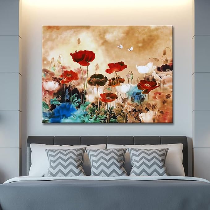 Wieco Art Blooming Poppies Extra Large Modern Gallery Wrapped Contemporary Flowers Giclee Canvas Print Floral Paintings Reproduction Pictures on Canvas Wall Art Work for Home Office Decorations