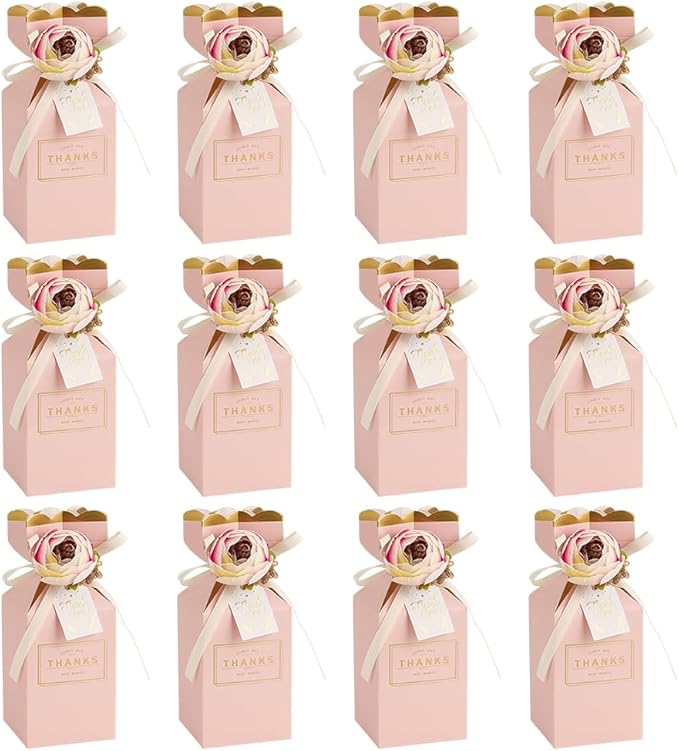MAYJOYDIY 12 Pack 3D Flower Candy Boxes with Ribbons 2.24x2.24x5.51 Inch Pink Gift Favor Boxes Paper Candy Storage Containers for Wedding Shower Anniversary Birthday Party Celebration
