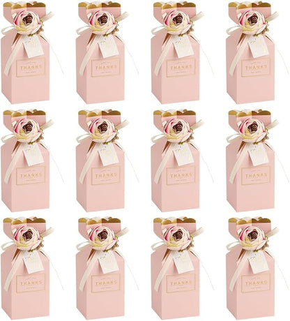 MAYJOYDIY 12 Pack 3D Flower Candy Boxes with Ribbons 2.24x2.24x5.51 Inch Pink Gift Favor Boxes Paper Candy Storage Containers for Wedding Shower Anniversary Birthday Party Celebration