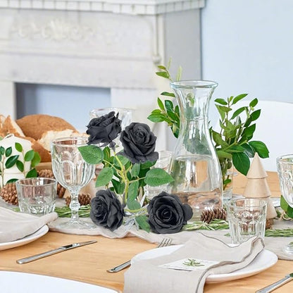 Jasion 12PCS Artificial Roses Realistic Velvet Silk Flowers Long Stem Faux Flowers Bouquet for Wedding Home Party Table Centerpieces Decorations (Black)