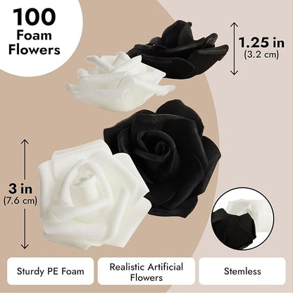 Bright Creations Black & White Roses Stemless Foam Rose Heads - 100 Pack, 3 in Polyethylene Craft Foam - Faux Flowers for DIY Arrangements & Wedding Flowers