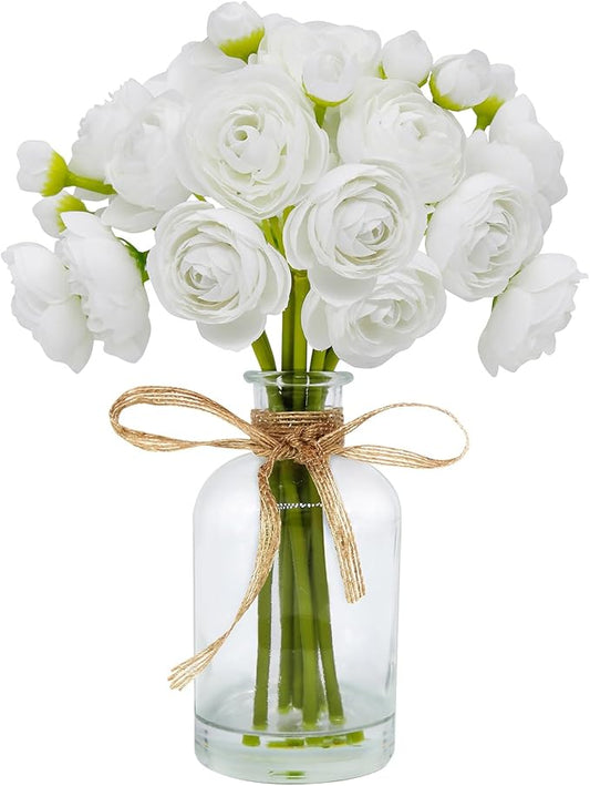 Ranunculus Artificial Flowers with Vase, 8 Pcs Faux Silk Ranunculus Flower in Vase, Small Flower Arrangements for Home Decor Indoor, Table Centerpiece. (White)