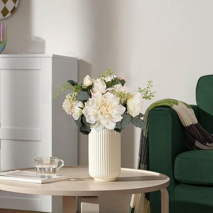 2 Bouquets White Artificial Peonies Combo Faux Dahlia Flowers 18stems Faux Flowers for Vase White Fake Flowers for Home Decoration Wedding Decoration Bride Bouquet (White)