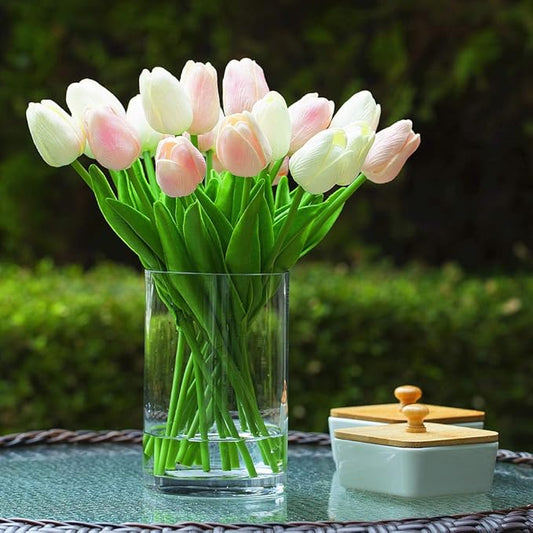 ENOVA HOME 20 Pieces Artificial Real Touch Tulips Flower Arrangement in Glass Vase with Faux Water for Home Decoration (White Pink)