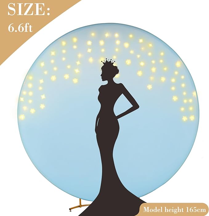 6.6 FT Baby Blue Round Backdrop Cover with Lights String for Circle Arch Stand, Circle Backdrop Covers with LED Fairy Lights for Wedding Baby Shower Boy Birthday Party Photo Shoot Background