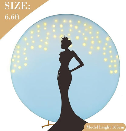 6.6 FT Baby Blue Round Backdrop Cover with Lights String for Circle Arch Stand, Circle Backdrop Covers with LED Fairy Lights for Wedding Baby Shower Boy Birthday Party Photo Shoot Background