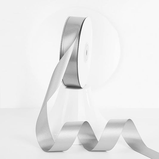 MEEDEE Silver Ribbon 1 Inch Silver Satin Ribbon Lux Double Faced Satin Ribbons by 50 Yards Polyester Wrapping Ribbons for Crafts, Weddings, Flower Bouquet, Holiday Decorating