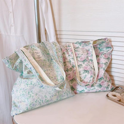 Cotton Canvas Tote Bag Reusable Soft Grocery Cloth Bag Floral Shoulder Bag for Beach Travel Shopping
