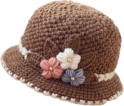 Flower Knit Crochet Fuzzy Bucket Hat Women Winter Warm Beanies Hat Furry Plush Faux Fur Fishing Skull Cap Fishman Hats