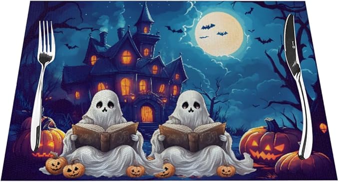 PVC Placemats Set of 6 Wipeable Table Mats Washable Heat Resistant Non Slip Vinyl Dining Table Mat for Kitchen Indoor Outdoor Patio Farmhouse Place Mats Halloween Pumpkin Ghosts Castle Decorative