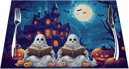 PVC Placemats Set of 6 Wipeable Table Mats Washable Heat Resistant Non Slip Vinyl Dining Table Mat for Kitchen Indoor Outdoor Patio Farmhouse Place Mats Halloween Pumpkin Ghosts Castle Decorative