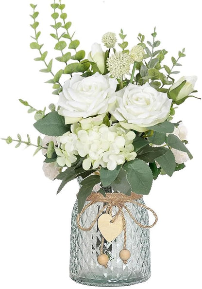 Artificial Fake Flowers in Vase, Faux Silk Roses Floral Hydrangea Bouquet with Vase, Table Centerpiece Decorations Wedding Bouquets for Party Office Farmhouse Kitchen Home Decor, White