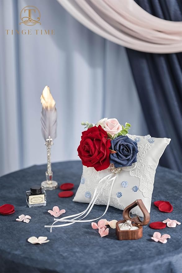 TINGE TIME Artificial Flowers Combo Mix Silk Flowers Pink Roses w/stem for DIY Wedding Bridal Bouquets Baby Shower Floral Arrangement Table Centerpieces Home Decorations (Red & Navy Blue & Pink)