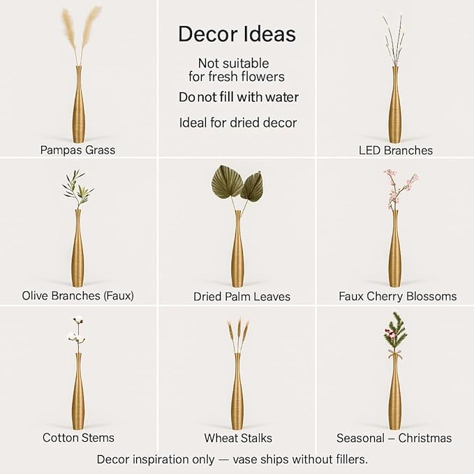 Leewadee Large Gold Home Decor Floor Vase - Wooden 34 inch Tall Farmhouse Decor Flower Holder for Fake Plant and Pampas Grass