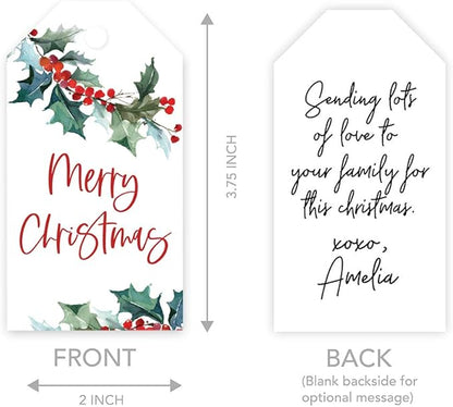 Andaz Press Christmas Holiday Season Classic Gift Tags, Merry Christmas to from Classic Favor Tags, Watercolor Holly Branch Leaves Design, for Holiday Events, Parties, and Favors, 60-Pack