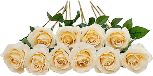 DuHouse 10pcs Fake Roses Artificial Silk Flowers Faux Rose Flower Long Stems Bouquet for Arrangement Wedding Centerpiece Party Home Kitchen Decor (Light Champagne)