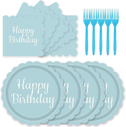 72PCS Light Blue Paper Plates Happy Birthday 7 Inch Scalloped Dessert Plate and Napkins Forks Disposable Cake Salad Fruit Decorative Party Tableware for Birthday Baby Shower Garden Party, Serve 24