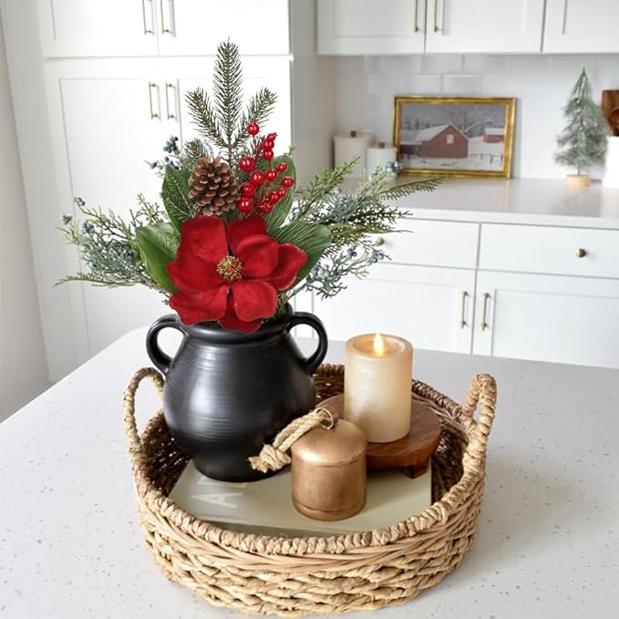 Briful Red Magnolia Christmas Flower Branches, 2 Pack 18.9in Artificial Magnolia Floral Picks and Spray with Pinecones Berries for Xmas Tree Vase Arrangements Decor