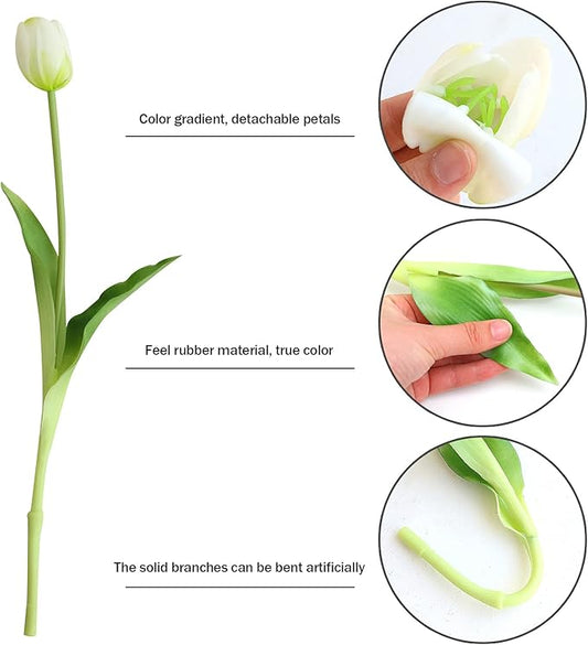 Artificial Flowers 10pcs Fake Tulips Real Touch, Faux Latex Tulips Flowers with Gift Box Soft Faux Tulips Bouquets Arrangements for Party Wedding Home Room Decoration(White)