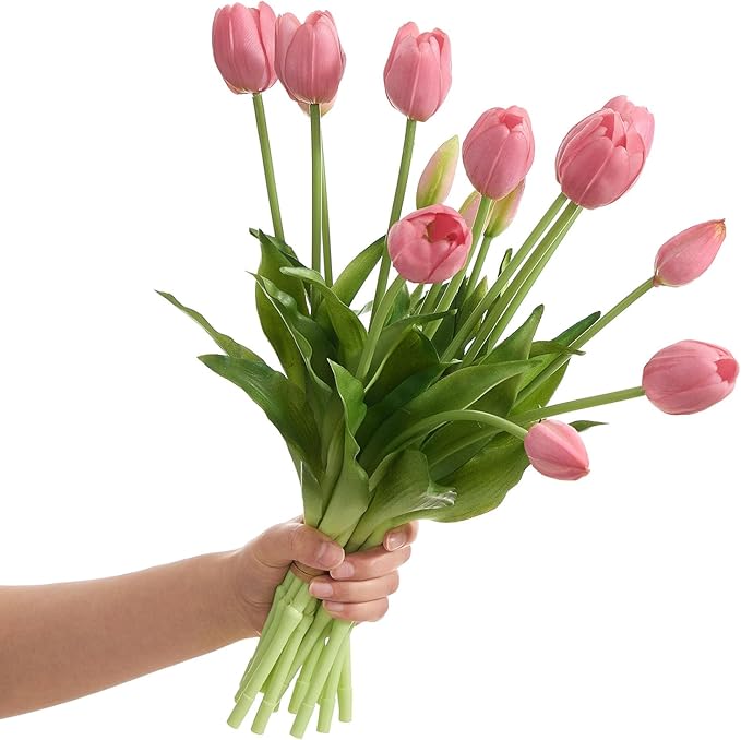 15 Pcs Deep Pink Tulips Artificial Flowers Faux Tulips Real Touch Latex Fake Flower Bouquet for Spring Wedding Home Décor Centerpiece Arrangements