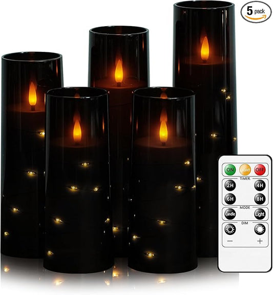 Flameless LED Candles with Timer 5 Pc Flickering Flameless Candles for Romantic Ambiance and Home Decoration Stable Acrylic Shell,with Embedded Star String,Battery Operated Candles（Black）