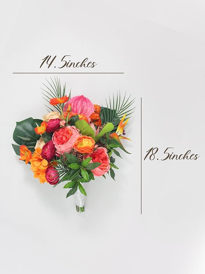 Rinlong 14.5" Wide Tropical Wedding Bouquets for Bride Orange Hot Pink Bridal Bouquet for Wedding Artificial Flowers Bouquets Beach Wedd