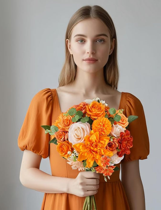 Multi Use Artificial Fall Flowers Burnt Orange Combo Box Set Rose Dahlia Peony Fake Flowers with Stems for DIY Bridal Wedding Bouquets Centerpieces Baby Shower Party Home Decor