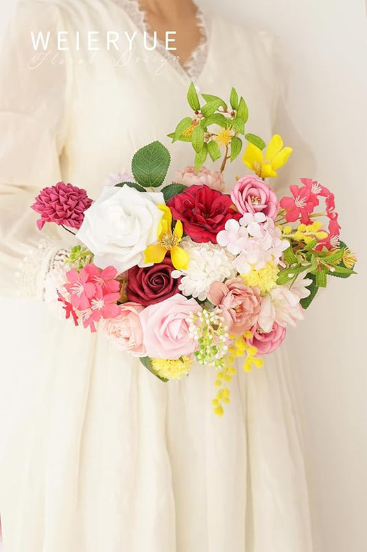 Artificial Flower Box Set Silk Fake Flowers DIY Center Cake Decoration Wedding Bouquet Corsage Home Decor Outdoor Decor Gift (Bright Pink)